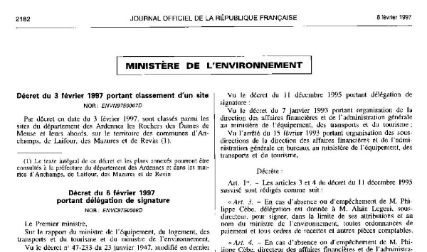 Extrait du Journal Officiel de la République du 8 février 1997 :
Décret du 3 février 1997 portant classement d'un site