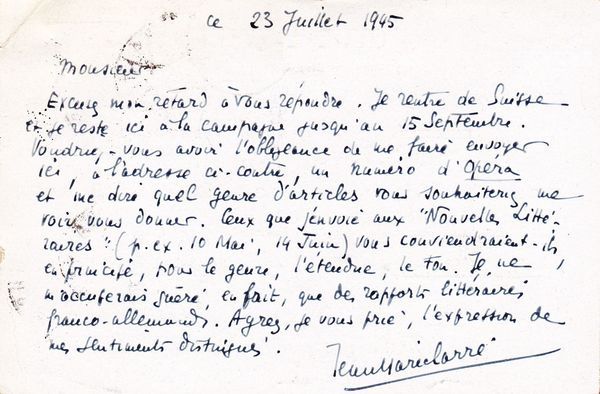 Correspondance manuscrite de Jean-Marie Carré au rédacteur en chef du journal L'Opéra 
Collection Ardennes Toujours