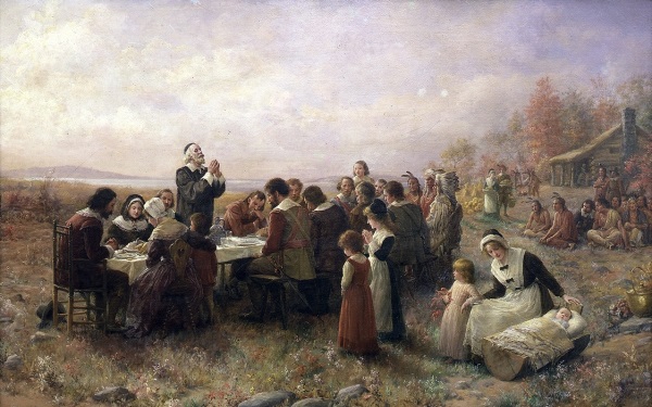 Le premier Thanksgiving à Plymouth.
Œuvre de Jennie A. Brownscombe (1914)