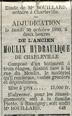 Annonce de l'adjudication de l'ancien moulin
Journal "Les Ardennes" du 15 octobre 1893