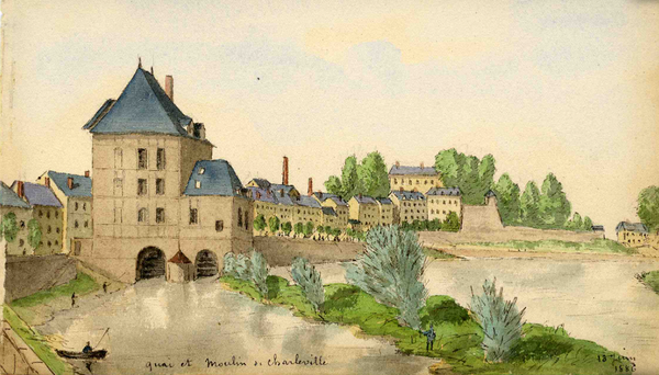 Albert Capaul (1827-1904) Quai et moulin de Charleville 13 juin 1886
Archives Départementales des Ardennes