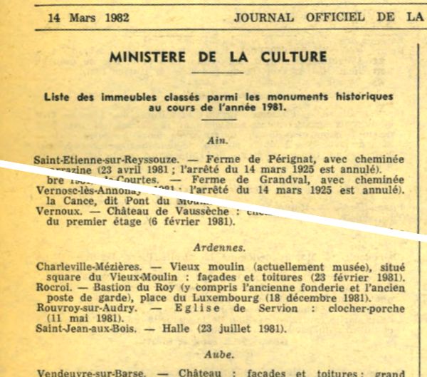 Journal Officiel du 14 mars 1982 : Liste des immeubles classés parmi les monuments historiques au cours de l'année 1981