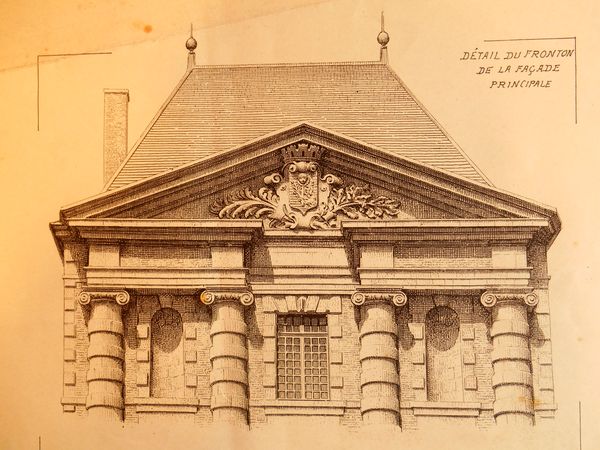 Détail du fronton de la façade principale : Les Armes de la ville de Charleville sculptées par PELTIER-DAPREMONT
Petits édifices historiques recueillis par A. Raguenet Architecte à Paris
Archives Départementales des Ardennes