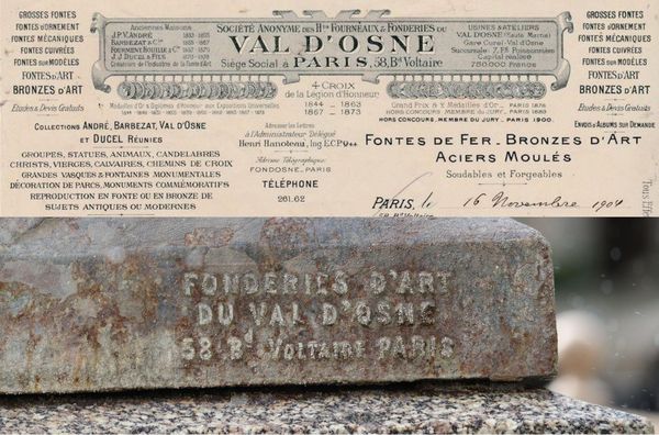 Fonderie du Val d'Osne en Haute-Marne et dont le siège social est à Paris
En-tête de facture et signature sur le côté d'un dauphin de la fontaine.