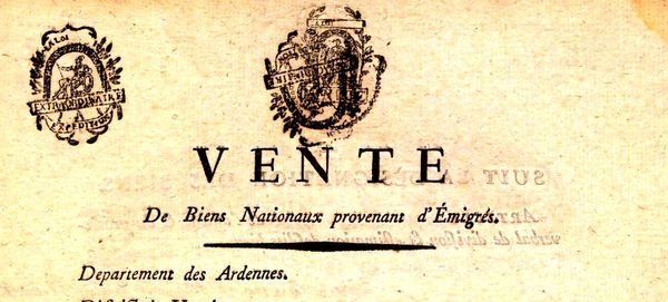 En-tête de papier de Vente de Biens Nationaux provenant d'Emigrés
Archives départementales des Ardennes