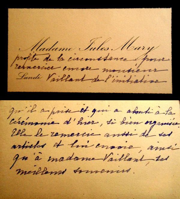 Carte de visite de Madame Jules Mary en remerciement de la pose de la plaque en hommage à son mari