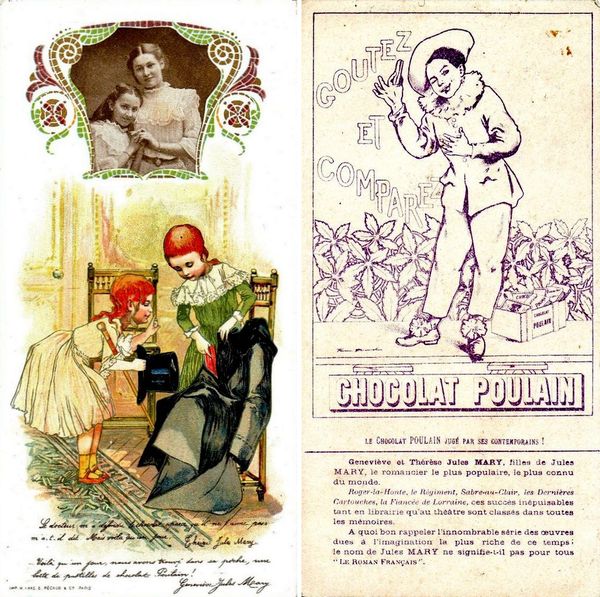 Chromo publicité chocolat Poulain mettant en scène les deux filles de Jules Mary, Thérèse et Geneviève.