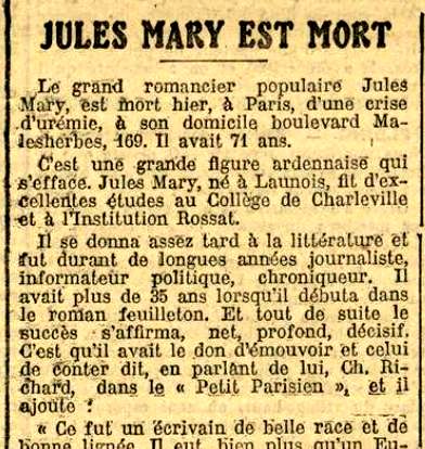 Annonce de la mort de Jules Mary dans Le Petit Ardennais du 29 juillet 1922