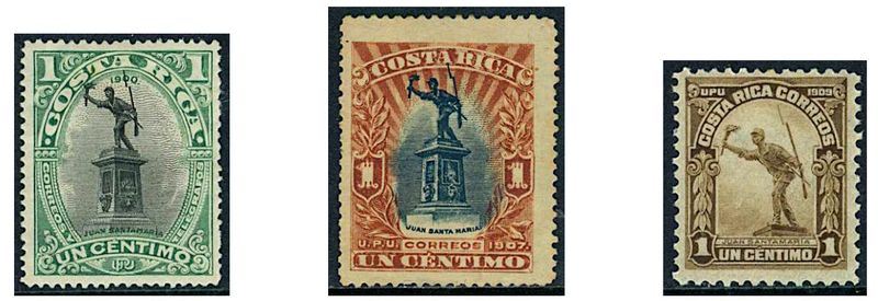 Timbres du Costa Rica représentant la statue de Juan Santamaria par Aristide Croisy