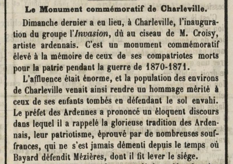 Extrait du journal "Le Moniteur de la Moselle" du mardi 13 octobre 1874 : Le Monument commémoratif de Charleville