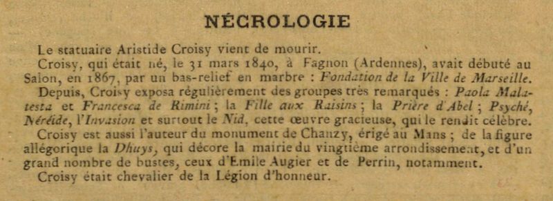 Annonce du décès d'Aristide Croisy