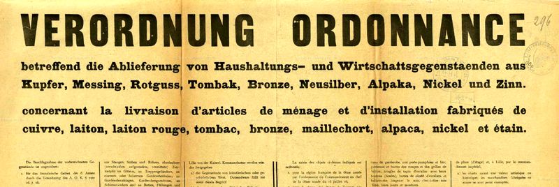 Affiche français/allemand de 1917 : Réglementation concernant les métaux Signée Der Oberbefehlshaber Von Below Archives municipales de Lille
