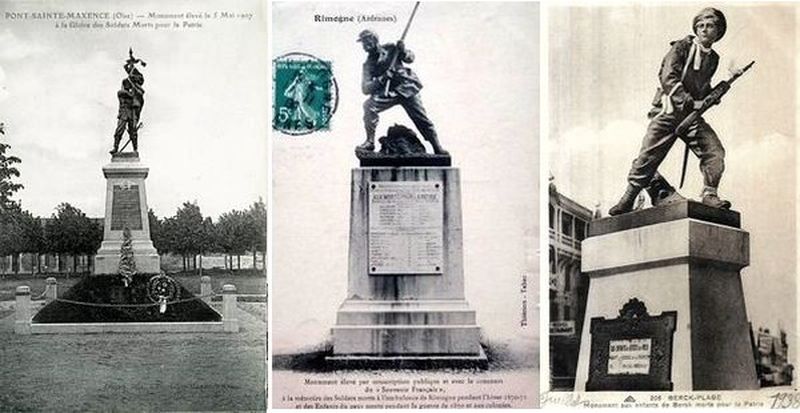 Monuments aux morts de 1870-1871 La Défense du Drapeau à Pont-Sainte-Maxence 1907 (Oise) Le Mobile à Rimogne 1904 (Ardennes) Le Fusilier-marin à Berck 1913 (Pas-de-Calais)